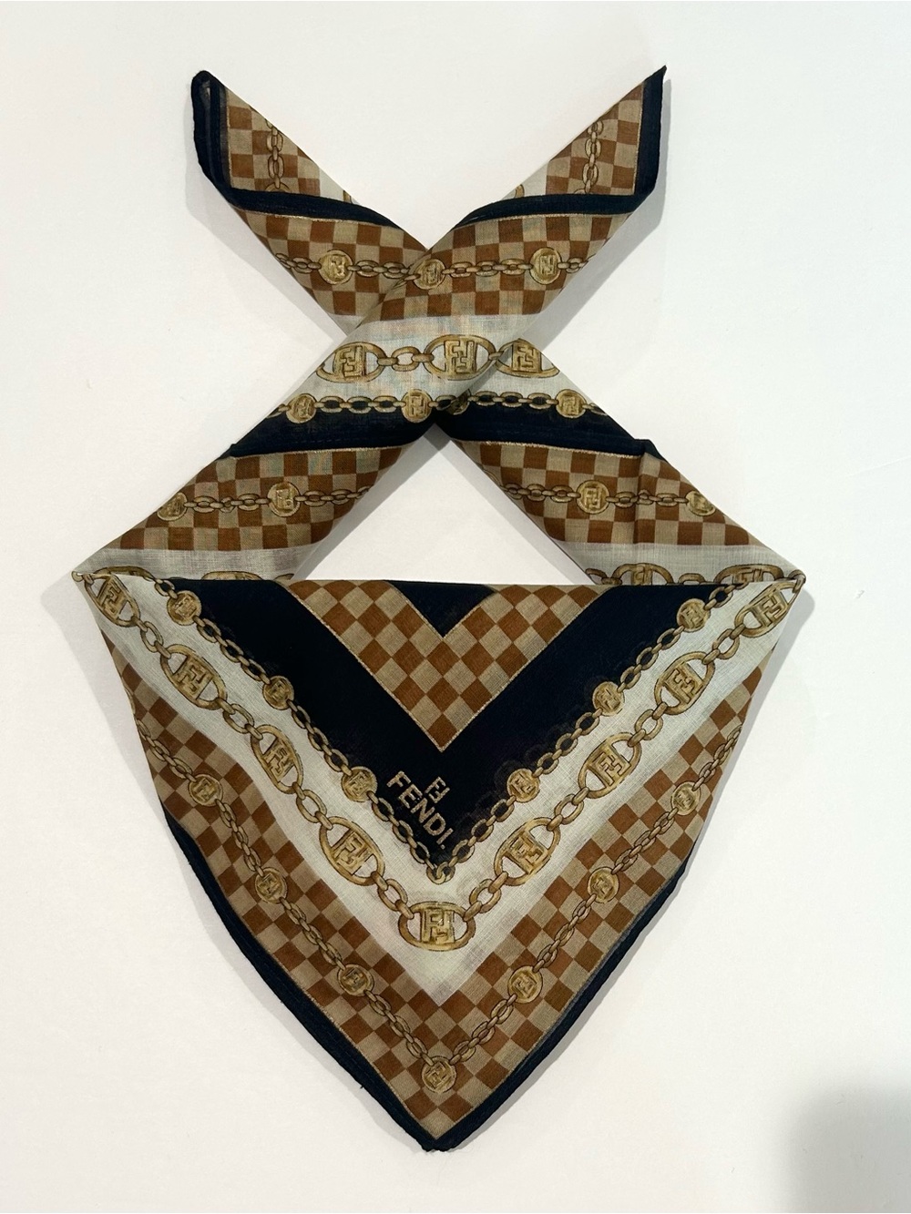 FENDI Women Handkerchief Gold Chain Brown Check Cotton Pocket Square 18”